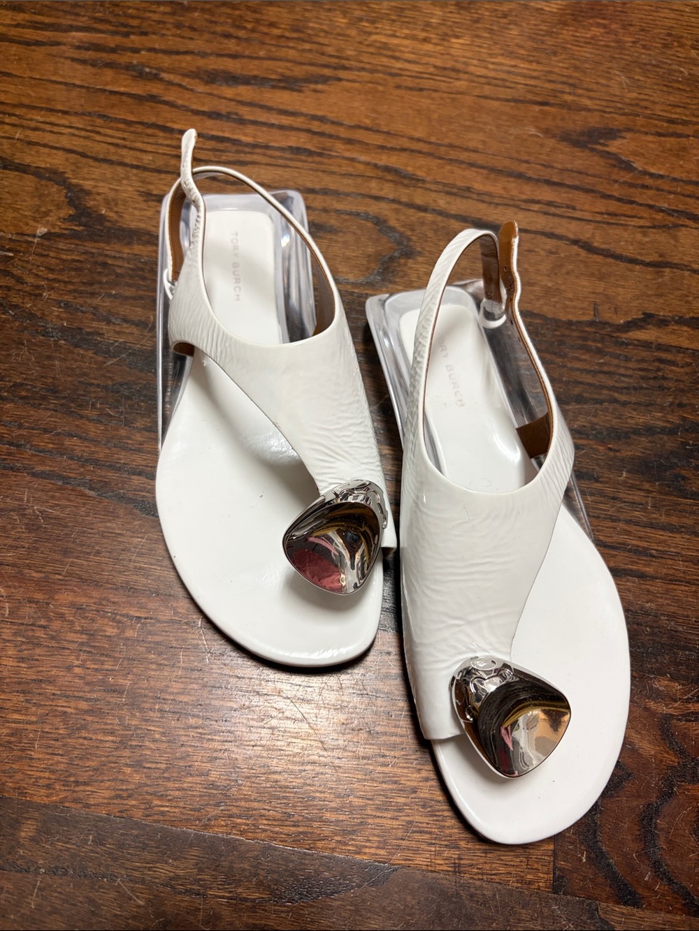 Tory Burch White Leather Slingback Sandals with Silver Toe Accents